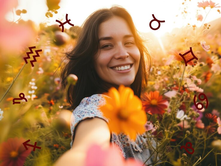  Eine strahlende junge Frau steht in einem blühenden Feld, umgeben von orangen, gelben und roten Blumen im Sonnenuntergang. Ihr Lächeln ist herzlich und einladend, während astrologische Symbole um sie herum schweben.