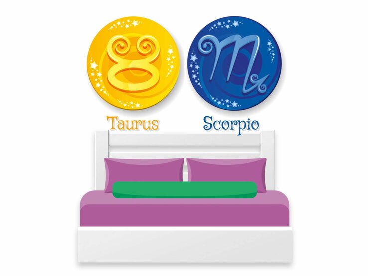Grafik von einem Bett, darüber schweben die astrologischen Symbole der Sternzeichen Stier und Skorpion. | © Getty Images [M]